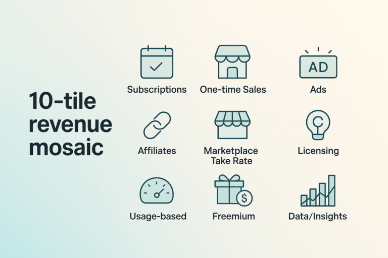 Minimal 10-tile grid illustrating common revenue models like subscriptions, ads, licensing, and marketplace take rate.